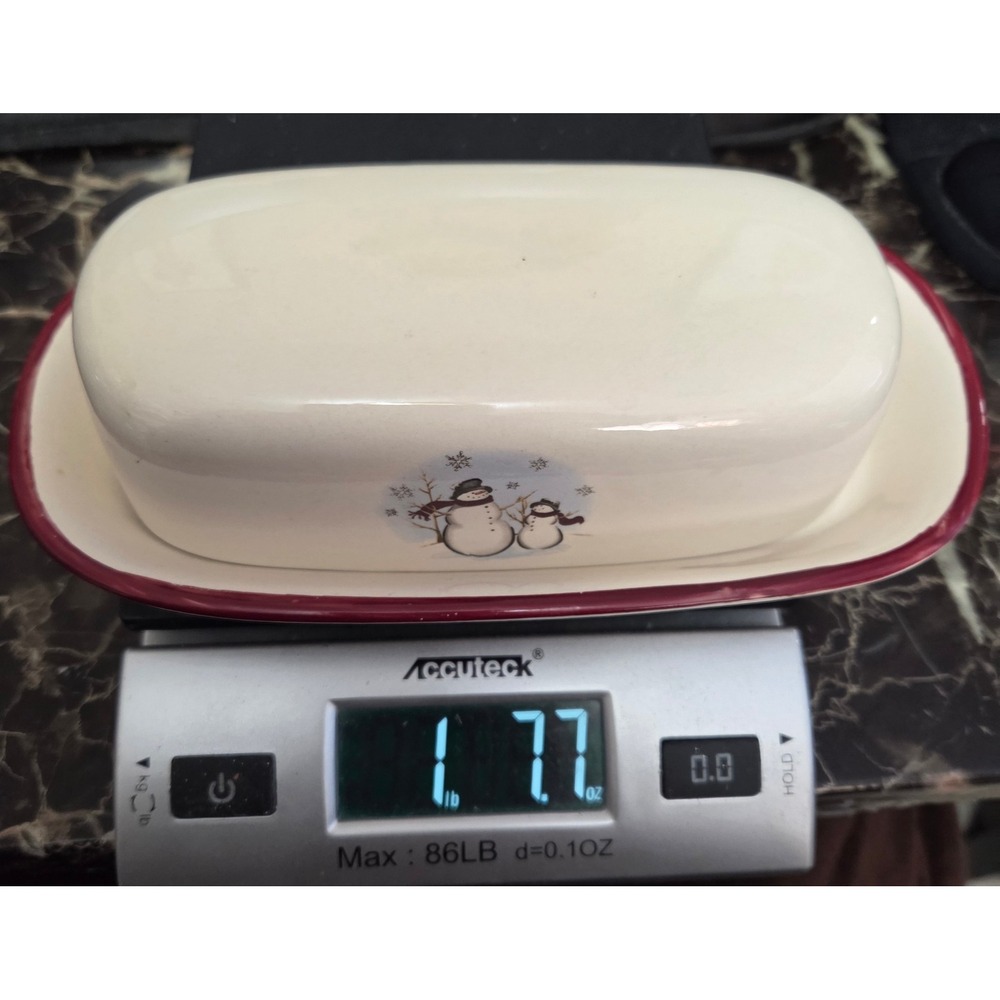 Snowman Family Ceramic Butter Dish with Lid Red Trim Winter Holiday Decor - Picture 10 of 11